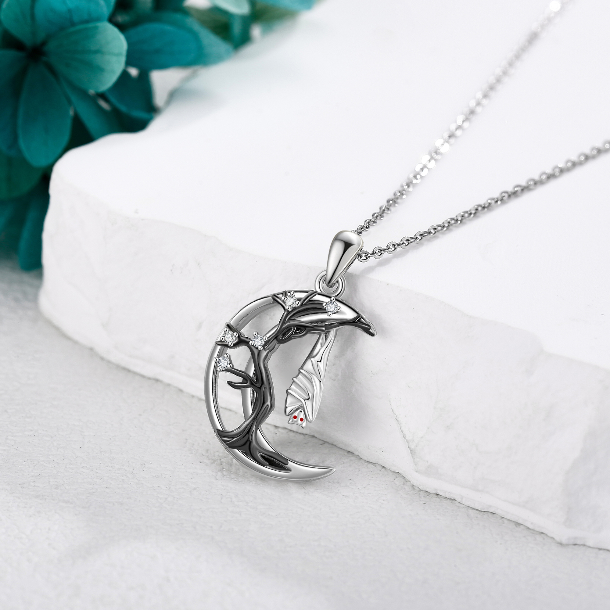 Sterling Silver Bat Moon Pendant Necklace Gothic Halloween Jewelry